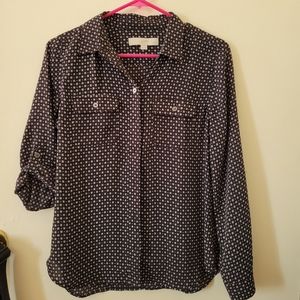 LOFT SP Black and White Polyester Button Down Blouse
